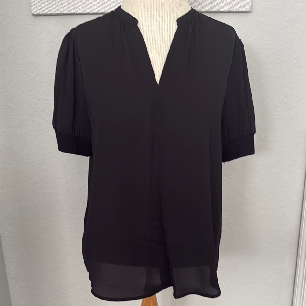 Catherine Malandrino Black Mandarin Collar Cuffed Sleeve Blouse